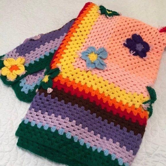 Rainbow 3D Flowers Crochet Throw Afghan Blanket - Picture 10 of 10